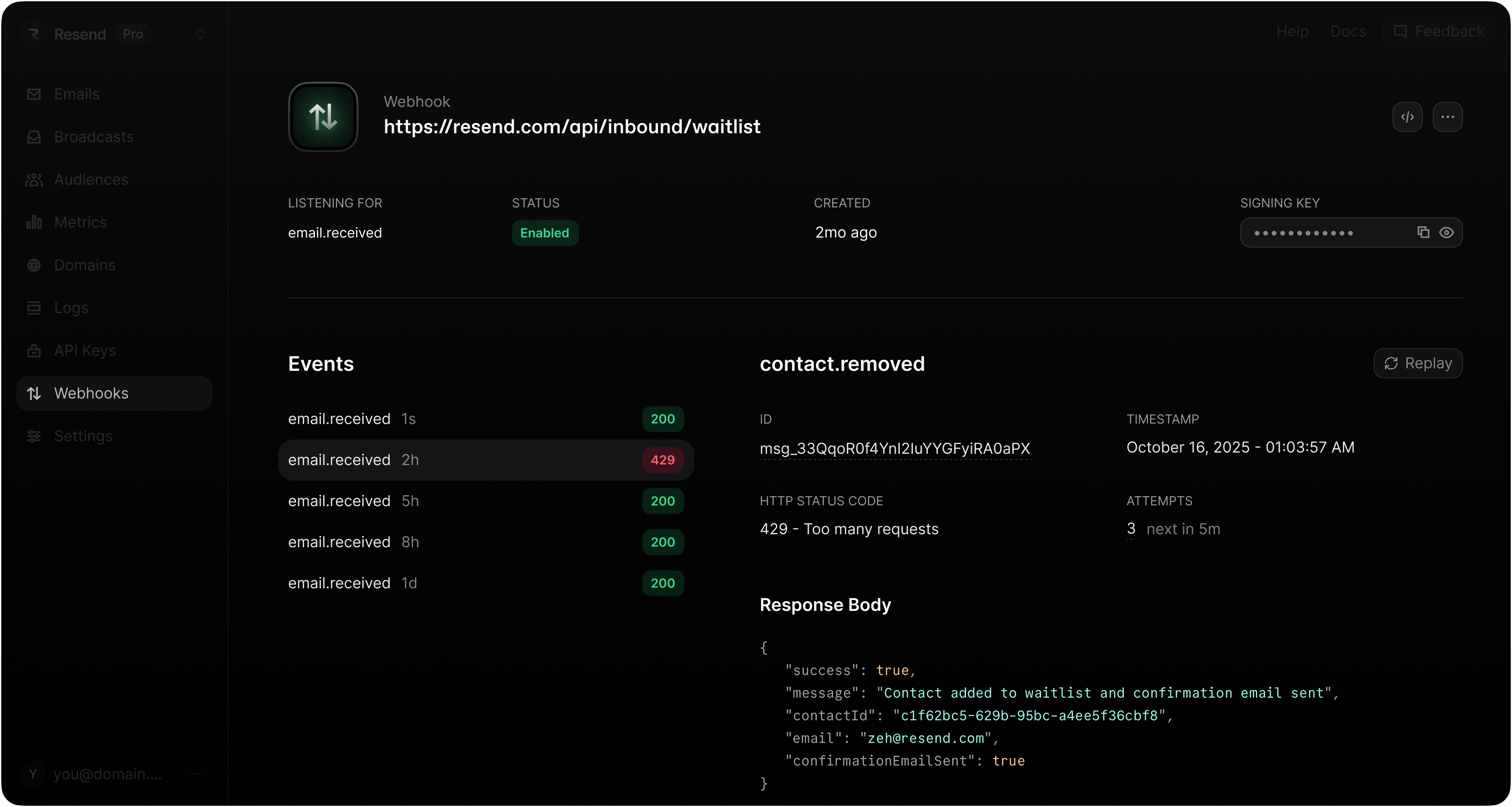 Webhooks visibility screenshot